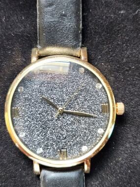 Ashley Princess Gold Tone Quartz Watch Black Glitter Dial Leather Strap